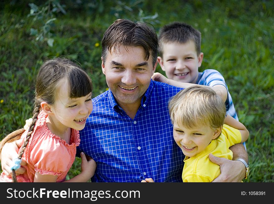Children with uncle. Children with uncle