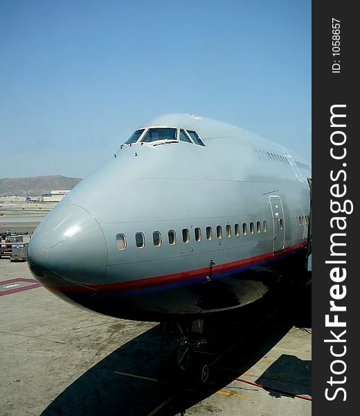 Closeup of cockpit and nose of jumbo jet