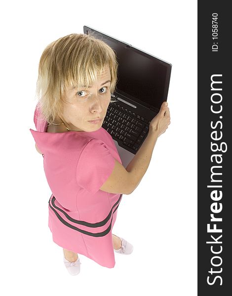 Woman is hiding laptop. Woman is hiding laptop
