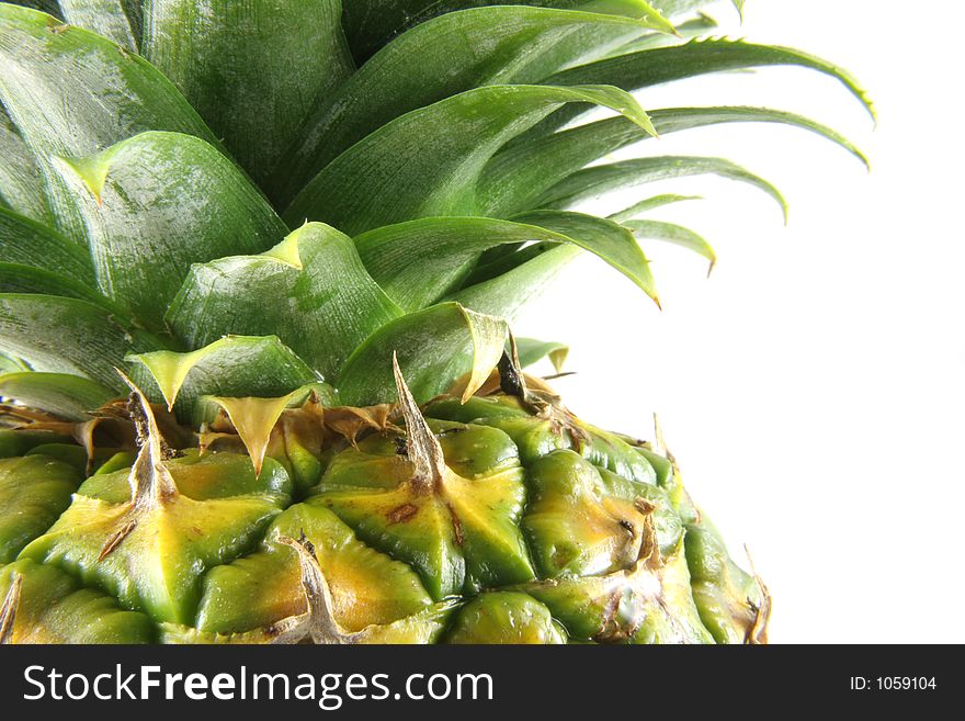 Close-up of the top of a pineapple showing leaves. Close-up of the top of a pineapple showing leaves