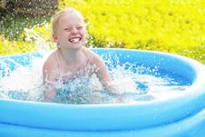 Little Blonde Girl Playing In Outdoor Swimming Pool On Hot Summer Day. Stock Images