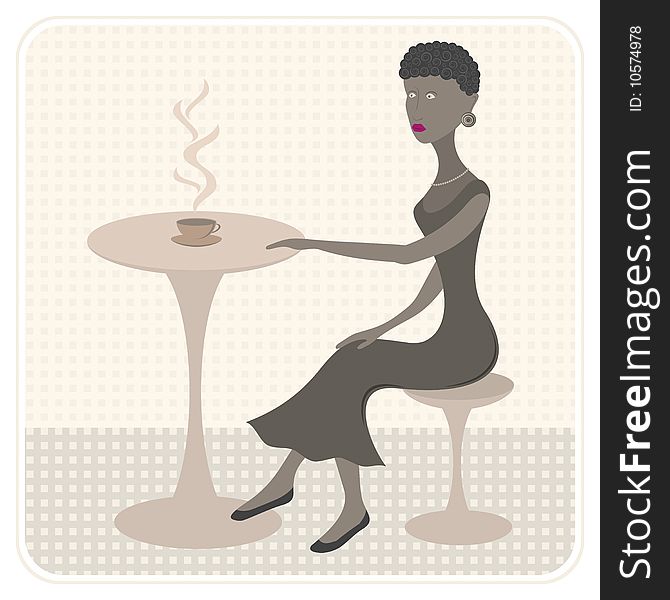 African girl in cafe. On a table a cup of hot coffee. A colour illustration