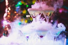 Beautiful Pyramid Line Of Different Coloured Alcohol Cocktails With Mint On Christmas Party, Tequila, Martini, Vodka, And Others O Royalty Free Stock Images