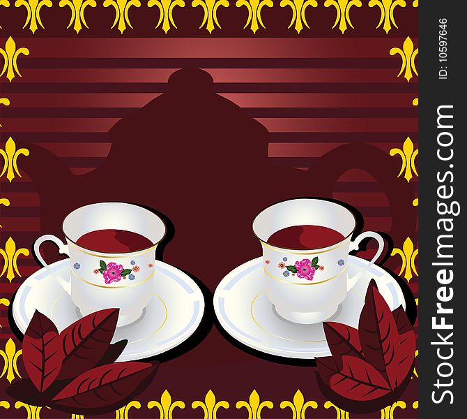 illustration of two cups of tea with leafs and with a pot in background of the image. illustration of two cups of tea with leafs and with a pot in background of the image