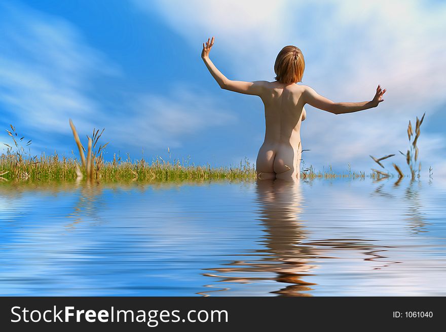 Beauty Girl In Water Under Clouds