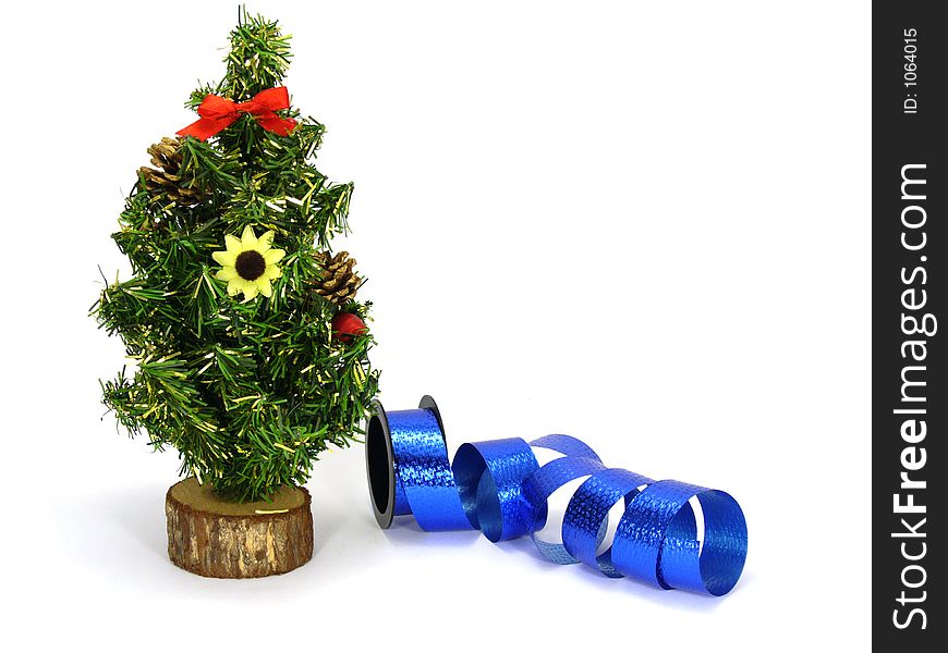 Fake christmas tree and blue decoration ribbon