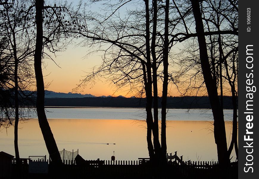 The Sun sets through the trees along the shore of Lake Starnberg, Bavaria, Germany. The Sun sets through the trees along the shore of Lake Starnberg, Bavaria, Germany