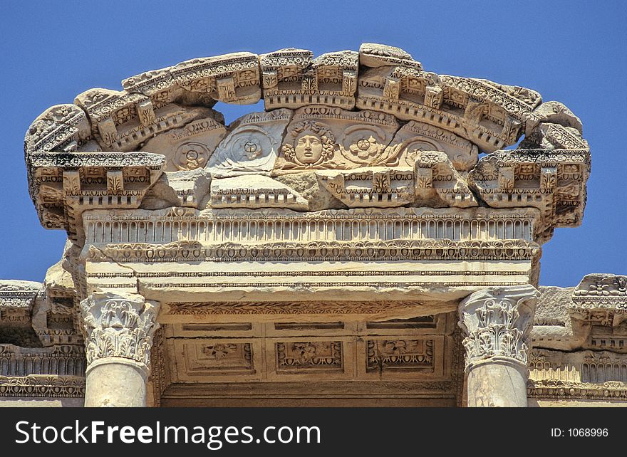 Pediment of Celsius Library, famous building in the ancient roman city of Ephesus, Turkey. Pediment of Celsius Library, famous building in the ancient roman city of Ephesus, Turkey