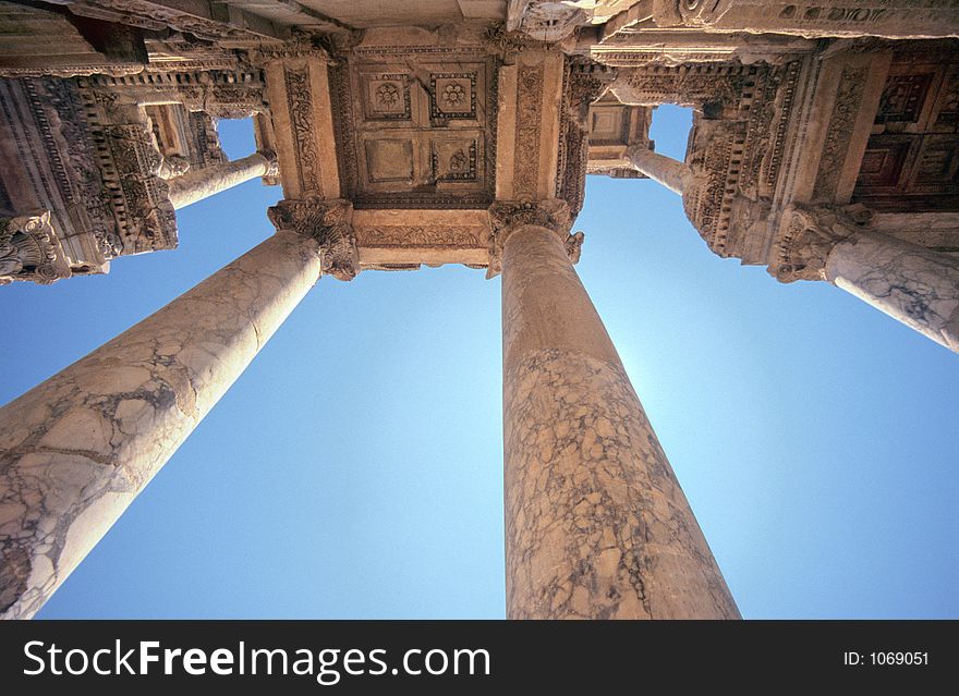 A vertical vision of Celsius Library, famous building in the ancient roman city of Ephesus, Turkey