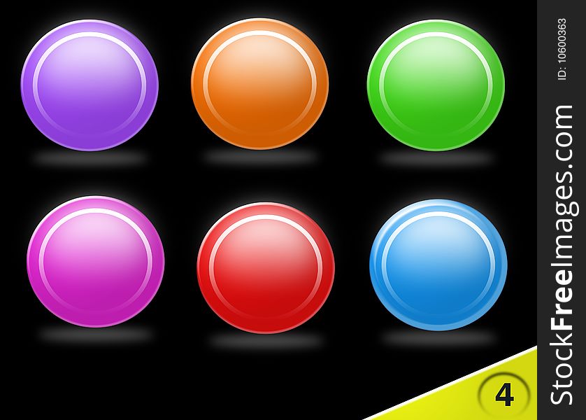 Set of six blank round icons in different colors isolated on a black background; #4 of a collection. Set of six blank round icons in different colors isolated on a black background; #4 of a collection.