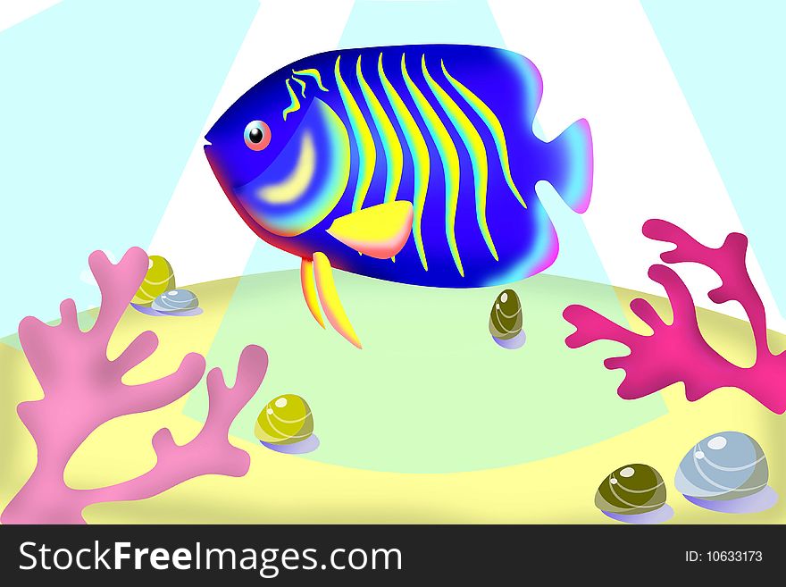 Coral reef with a blue tropical fish