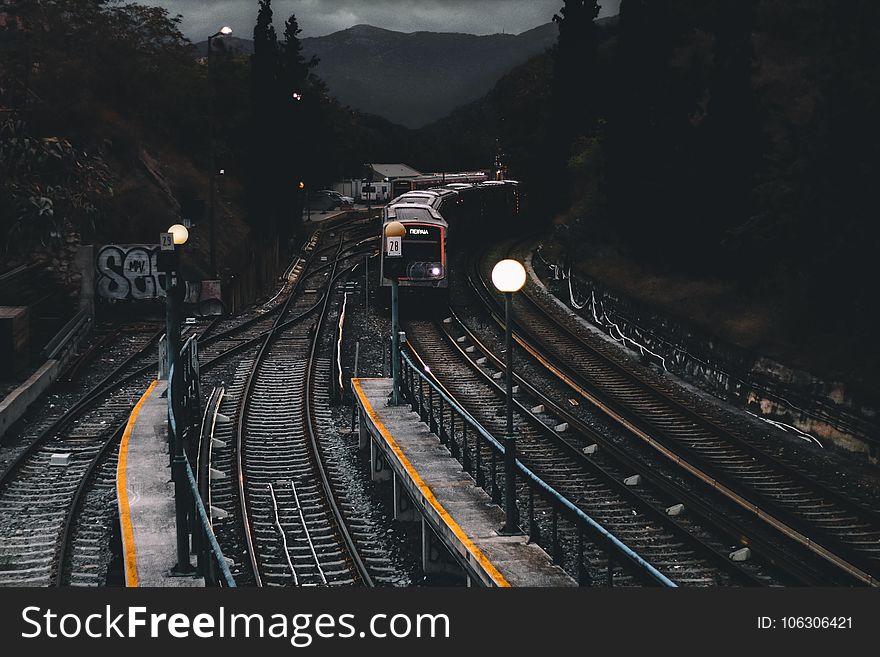 Train On Railways During Nighttime