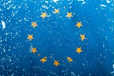 Drops Of Water On European Union Flag Background. Shallow Depth Of Field. Selective Focus. Toned Royalty Free Stock Photography