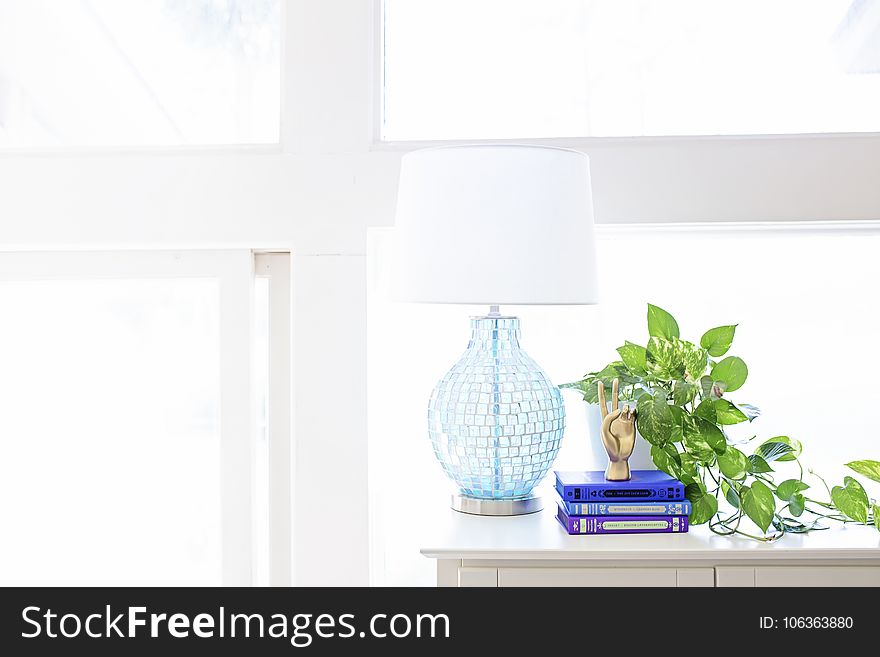 White Table Lamp on Sideboard Near Plant and Books