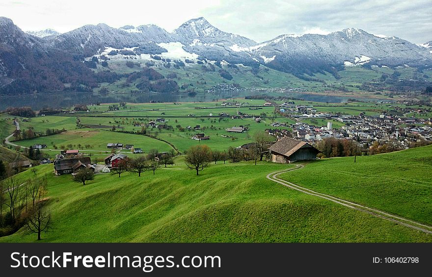 Mountain Village, Mountain Range, Grassland, Mountainous Landforms