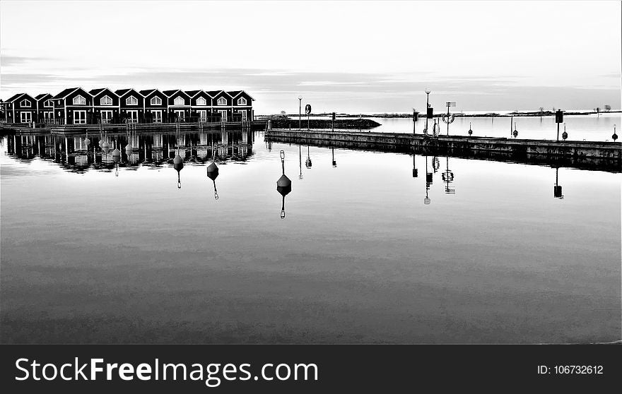 Reflection, Water, Black And White, Pier
