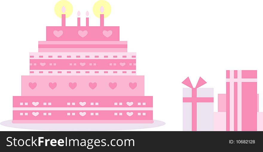 Colorful illustration of a huge pink cake decorated with hearts; suitable for design purposes related to holidays, birthday, wedding, . Colorful illustration of a huge pink cake decorated with hearts; suitable for design purposes related to holidays, birthday, wedding, ...