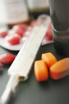 Thermometer And Medication Royalty Free Stock Photography Thermometer And Medication Royalty Free Stock Photography