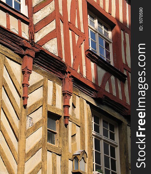 Detail of a timber-framed house in the city of Renne, Brittany, France. Detail of a timber-framed house in the city of Renne, Brittany, France