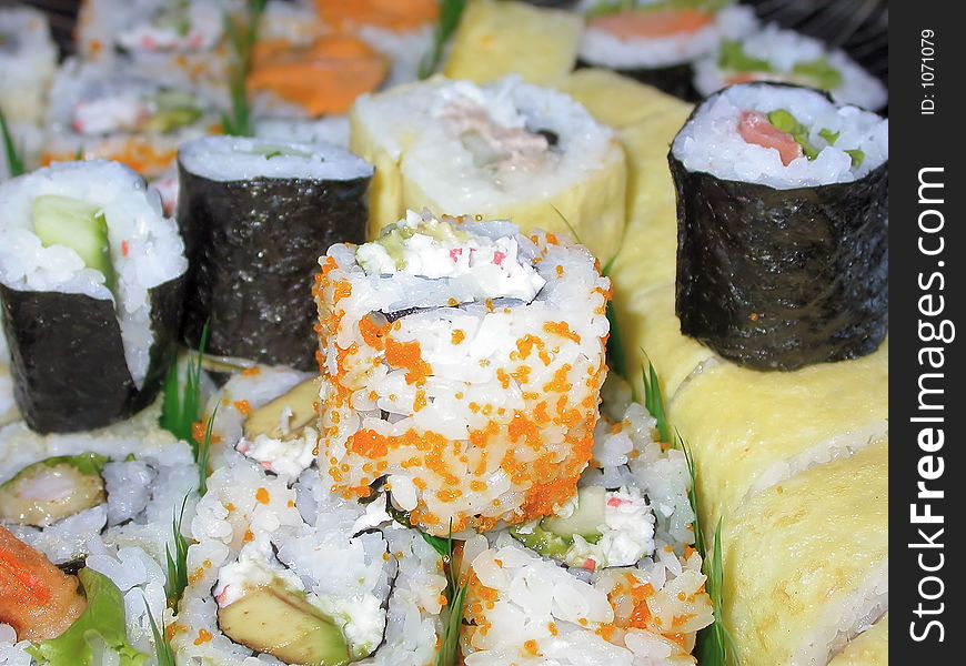 Fresh California rolls, salmon rolles and the house special. Fresh California rolls, salmon rolles and the house special