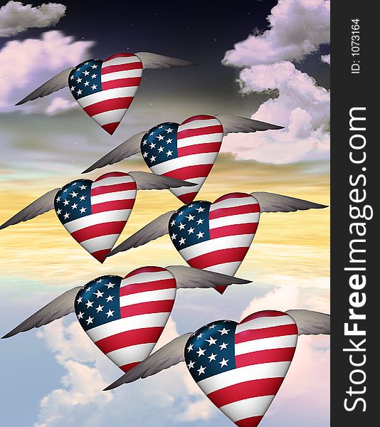 Winged USA hearts in formation. Winged USA hearts in formation