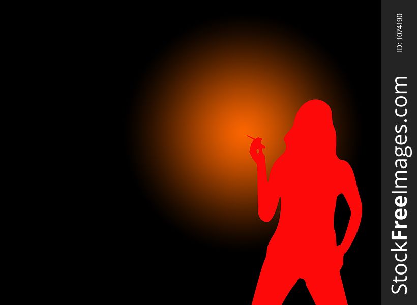 Red woman shape on black background. Orange glow around cigarette. Red woman shape on black background. Orange glow around cigarette.