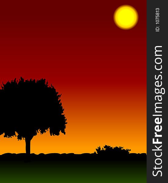 Illustration of sunset with tree