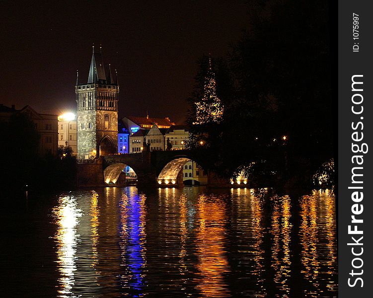 Charles bridge at night - mysterious scene in old prague city. Charles bridge at night - mysterious scene in old prague city