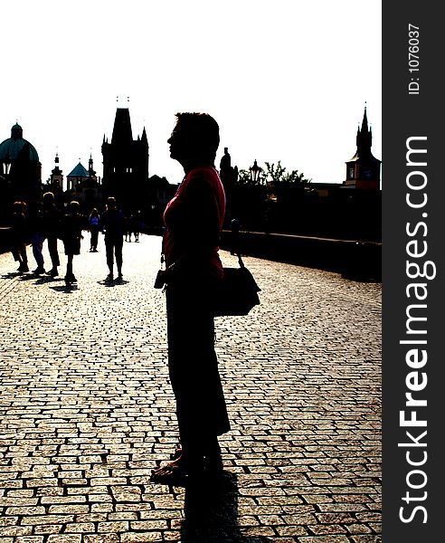 Silhouette on charles bridge in Prague