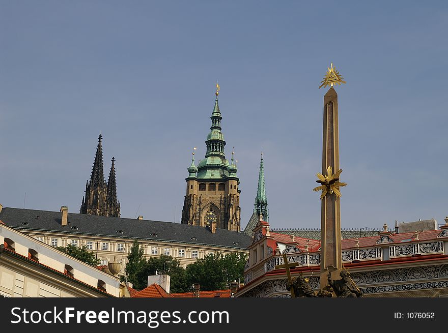 Red Tile roofs and a church towers  in Prague old city castle. Red Tile roofs and a church towers  in Prague old city castle