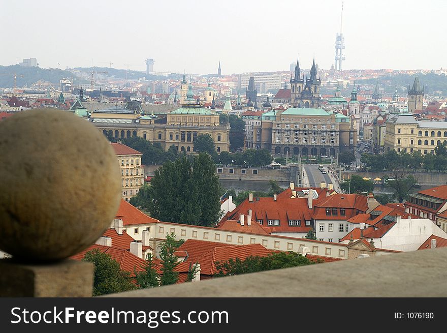 Roofs, Vltava river, palaces and a sphere. Roofs, Vltava river, palaces and a sphere