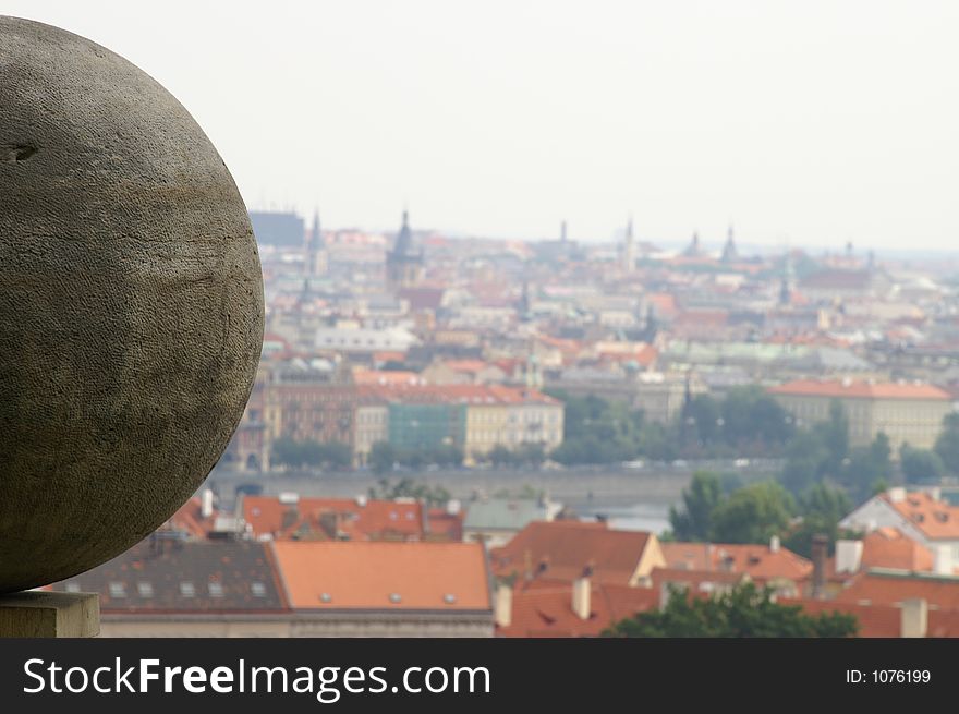 Roofs, Vltava river, palaces and a sphere. Roofs, Vltava river, palaces and a sphere