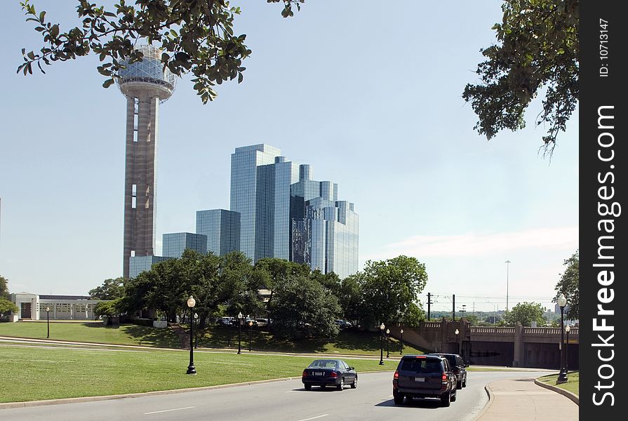 Seen from Dealey plaza, Reunion Tower and skyscrapers. Dallas,Texas.USA