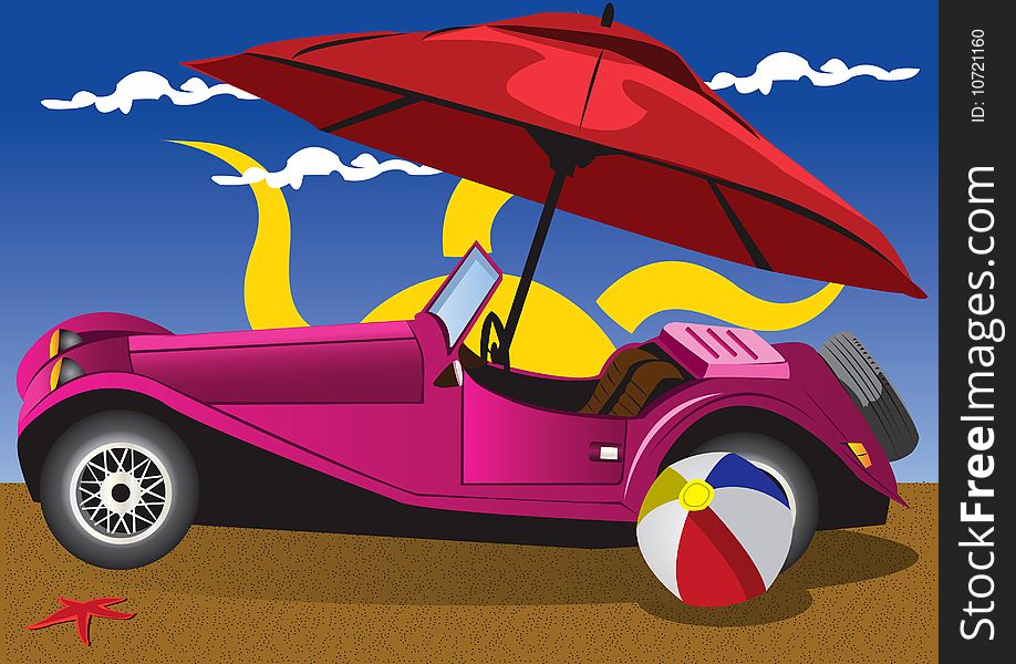 Vector illustration of a retro car on a beach. Vector illustration of a retro car on a beach.