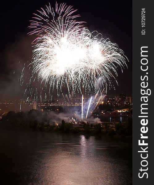 A view of the beautiful fireworks across the sea in Saint Helene island, Montreal. A view of the beautiful fireworks across the sea in Saint Helene island, Montreal.