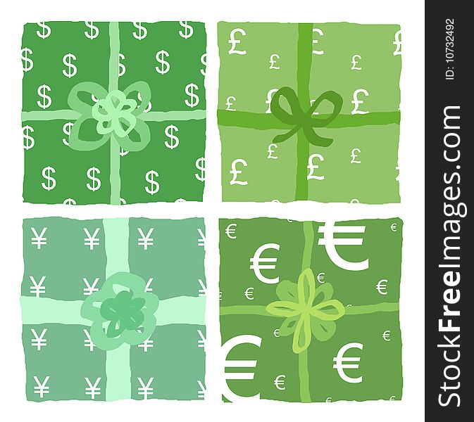 Four gifts with dollar, pound, yen and euro currencies. Four gifts with dollar, pound, yen and euro currencies