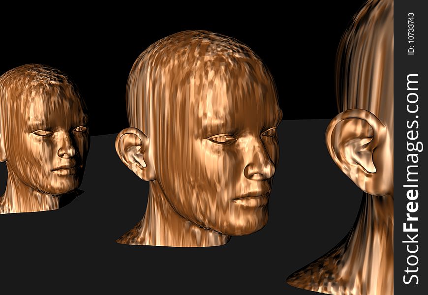 3d generated golden colored human heads aligned viewed from the side. 3d generated golden colored human heads aligned viewed from the side