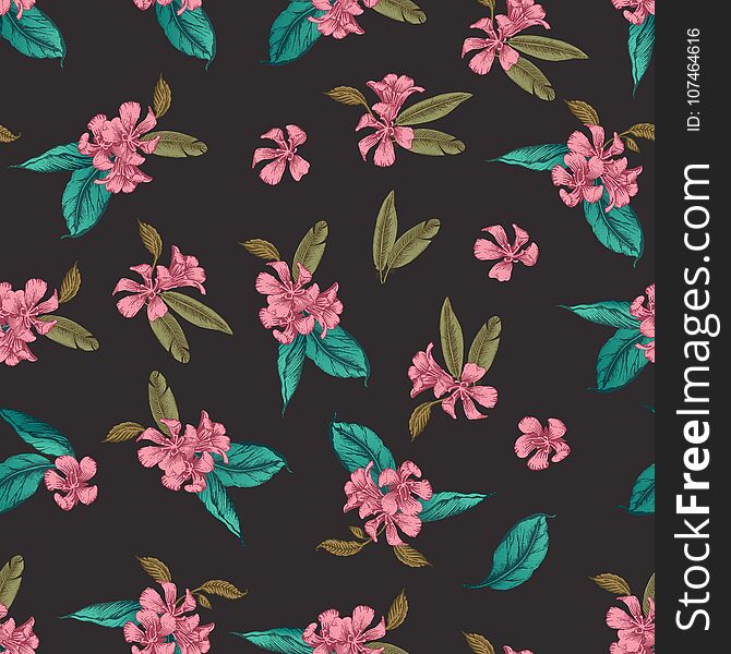 Seamless vector pattern of romantic flower on black background