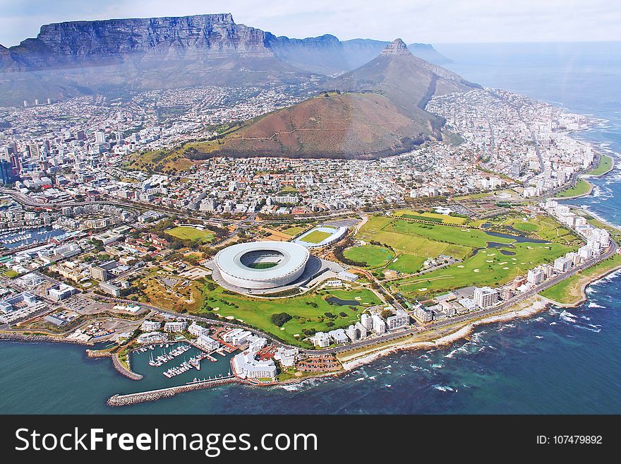 Aerial photography, bird's eye view, city, sport venue, water resources, tourism