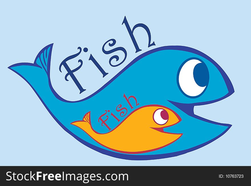 Funny blue and orange fish with white background