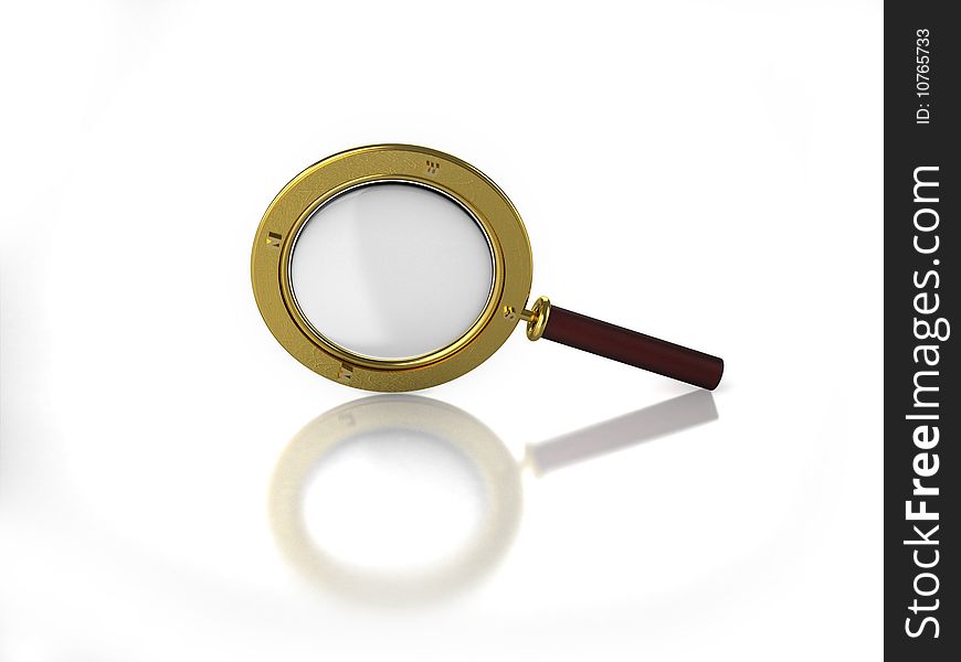 3D magnifying glass made from leather and gold with white background