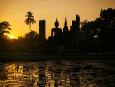 Sukhothai Historical Park World Heritage Thailand Silhouette Sunset Scene Stock Images