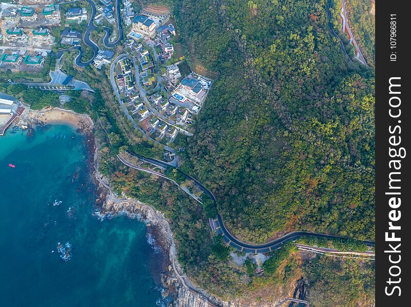 Looking down from drone aerial view of the coastline