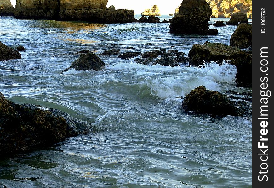 The sea in Lagos in the Algarve. Here fantastic beaches with grottos and interesting rocky formations exist