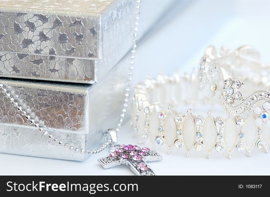 Bracelet and box close up with white background