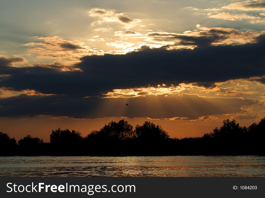 Dramatic Sunset reflection on the Danube River. Dramatic Sunset reflection on the Danube River