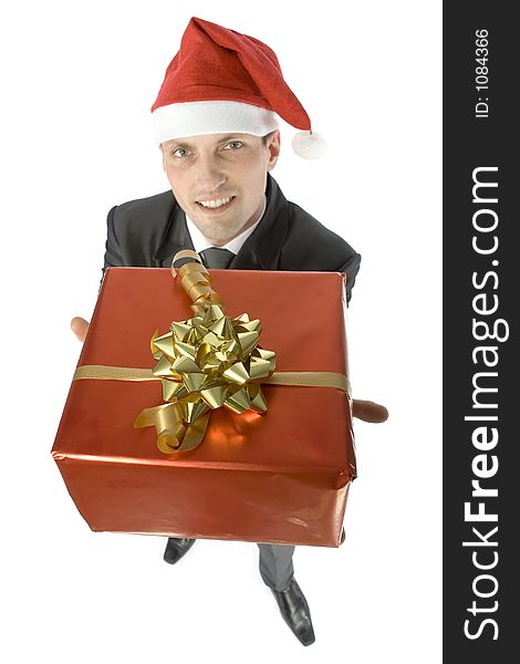 Isolated man with gift wearing Santa's cap. Isolated man with gift wearing Santa's cap