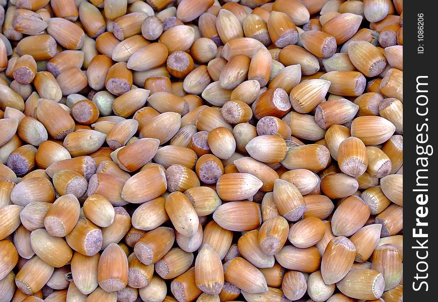 Close up of pile of hazelnuts in a nutshell