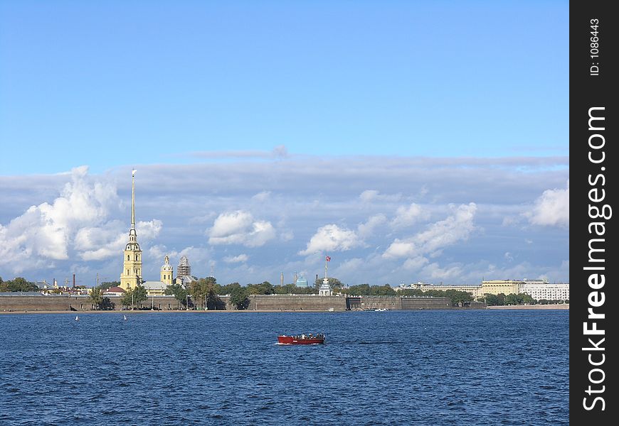 Peter and Pauls' fortress over wide Neva river in Saint-Petersburg