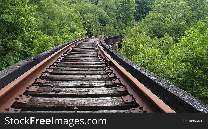 Railroad track curving into the woods, low angle. Railroad track curving into the woods, low angle